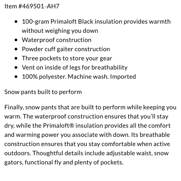NWOT Lands’ End primaloft snow pants W009 - Picture 7 of 10